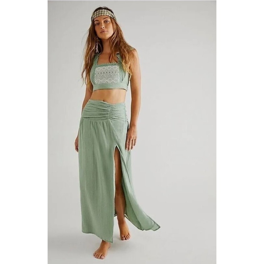 Free People County Line boho Set SKIRT TOP Creen Size L preppy Y2K A006710